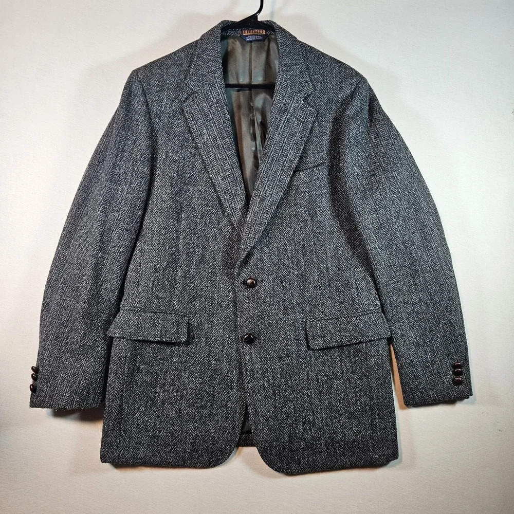 Vtg Harris Tweed Nordstrom Grey Herringbone Wool Sport Coat Blazer 42L Lthr Btn‎